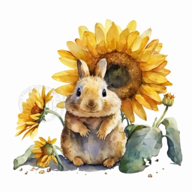 Watercolor sunflower Clipart, happy bunny looking at the camera, sunflower, white background