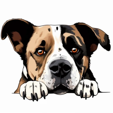 a color drawing of a smiling full face and neck Catahoula Leopard Dog dog peeking paws over a black line, white background, clipart