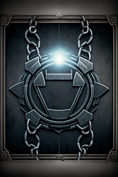 grungy metallic Flat coloured card design of a symmetric thick silver chain link icon cardback , cartoony clipart card design, Logo, glowing Gundam visor magic spell icon, little-flat Graphic Design , grey metal grid background