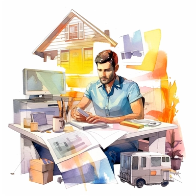 Vector clipart, isolated on white background, Watercolor, a man in in his mid-30s sitting at an home office desk filled with mortgage papers, a miniature house model on his desk, calculator, pastel and saturated colors