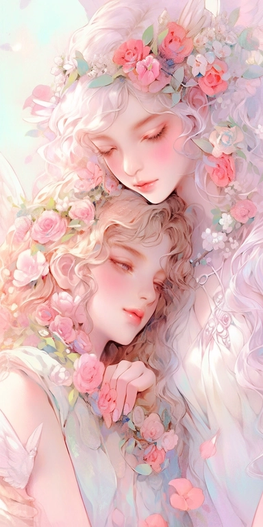 Water color beautiful wild roses fantasy art, Soulmates, couple, with beautiful face and perfect eyes with flowers, angel wing, chibi kawaii animated style, vivid vibrant colors, intricate detail, hyper detailed, hyper quality, 32K, unreal engine, isolated on white background, kawaii, clipart