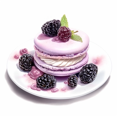incredible detailed acrylic art macaron with blackberries on a white plate clipart, hyperrealism, clear picture in high resolution, highlights , white background, appetizing, clear and contrast image, reflections, very detailed drawing,, menu illustration, realism, high quality, lighting like in a photo studio, advertising, hd