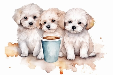 watercolor, 3 maltese puppies playing with take away cup of coffee, clipart, hd, isolated on white background, spaced out