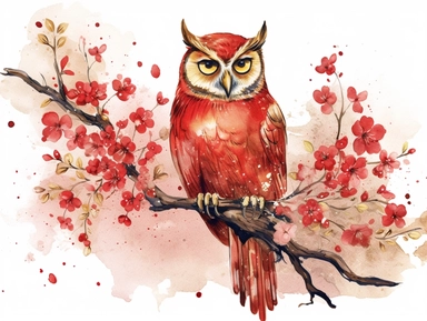 red gold watercolor Owl with flowers clipart with golden metallic line and some glitter, plain background, 8k, high resolution