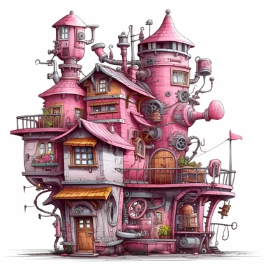 Beautiful Pink Steampunk House Sublimation Girl Clipart ,Cartoon,hyper realistic, intricate detail, illustration style,high solution,on the white background