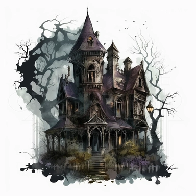 isolated clipart image of a spooky gothic house with intricate architectural details, twisted spires, and looming shadows, each house unique in its design, showcasing different elements like pointed windows, wrought-iron gates, and weathered stone walls, surrounded by a foggy atmosphere that adds a sense of mystery and intrigue, watercolor painting, delicate brushstrokes capturing the eerie charm,