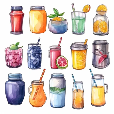 watercolor, Cold drinks set. Soda water, sweet fizzy beverages, fruit cocktails, juices, and lemonades in glass and plastic bottles, aluminum cans, and tins. png Full body realistic cartoon in 32K UHD cute. 15 cm thick outline. Black color. There was no shadow on the ground. 8k with realistic watercolors and detailed illustrations. PNG clipart, transparent white background