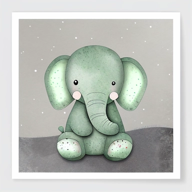 cute animal wall clipart, baby elephant in the style of atmospheric watercolor organic designs, soft and dreamy, dark silver and light green, storybook illustration, plush doll art on subtle background