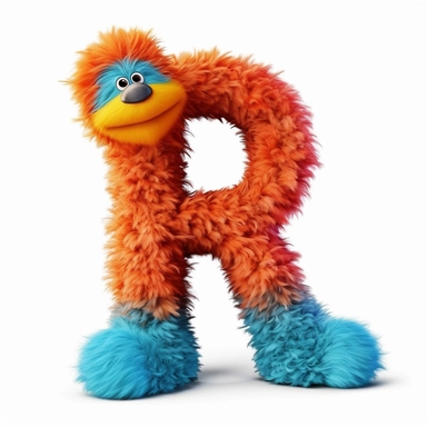 clipart style letter R, Dr. Suess fluffy style with arms, legs and friendly cute face for children