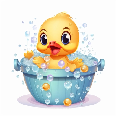 clipart, cute kawaii baby duck in a bathtub of full of bubbles, isolated on a white background, cartoon style, chibi style, vector, 3D, no shadows