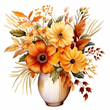 watercolor Vintage vase of by flowers, orange yellow and brown hues, autumn vibes, clipart on a white background