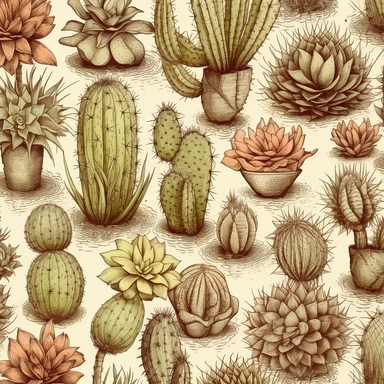 Vintage seamless pattern of cactus and succulents pencil sketch, ephemera paper design with ornate illustrations, vintage, distressed textures, muted colors, craft paper texture, handwriting lines in background, pen and ink on paper with watercolor washes Watercolor, vector, white background, rice paper texture, clipart, Seamless patterns, repeating patterns design, flat illustration, outlined , Vector, 4K, Art station, digital print, highly detailed clean, detailed illustration, 3D vector art, 