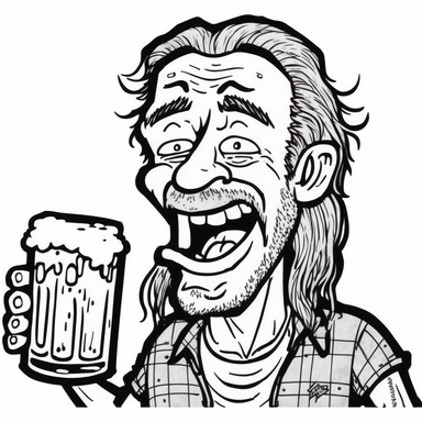 clipart, black and white, dumb looking drunk hill billy holding a beer with missing teeth.