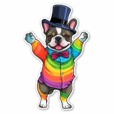 funny sticker, white background, french bulldog, funny dancing, funny rainbow hat, in style lgbtq, full body, clipart