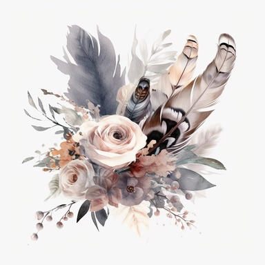 Watercolor dusty greay and white feathers bouquet clipart white background no text wedding style thick outline eligible for transparent background