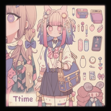 , a girl that is standing in front of a bunch of stuff,trending on deviantart,character sheet,???,embrace porcelain doll,everything fits on the screen,highly detailed object content,secret,knolling,clipart icon,anime,first aid kit,bunny