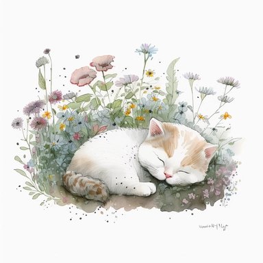 watercolor and pencil drawing of an cute kitten sleeping in the garden bed of flowers, ​happy, gentle smile, beautiful watercolor ink wash coloring, thick pencil lines, Jon klassen, beatrix potter, popular on etsy, watercolor illustrations clipart, watercolor illlustrations for kids and children, plain white background