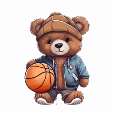 Cute Teddy Bear Clip Art, sticker, different move, wearing clothes, white background, 4K, Basketball player