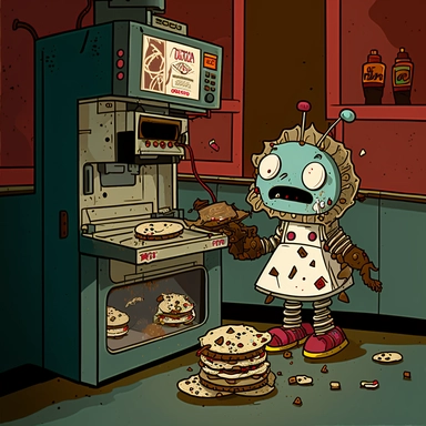 garbage pale kids format, pop surrealism digital art image of broken down, old, rusting, cartoonish, humanoid robot making biscuits in the kitchen of a fast food restaurant. The robot is wearing tattered, McDonalds style uniform, made of clothing for humans. The robot is in an art style inspired by artists like Tara McPhereson, Nooligan, and Robin Eisenberg. To be used for digital clipart. Use dull, 1970's style, yellow, green, brown color scheme for the robot.