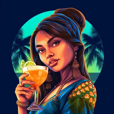 Illustrate a clipart image showcasing a beautiful thai woman with radiant eyes that shine brightly drinking a glow in the dark, neon, coconut. Use a rich and diverse color palette to enhance her appearance, and ensure the image is detailed and crisp. The background should be pure white