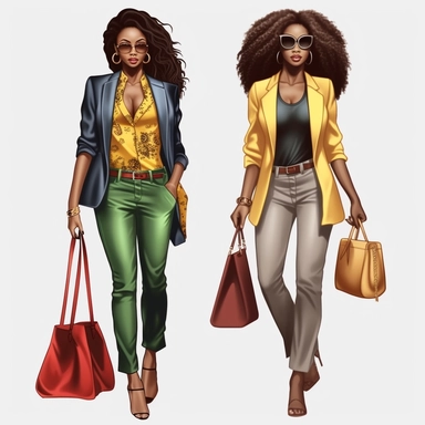 Beautiful african american women, clipart, juneteen red, yellow, and dark green fashion, full body, purse, heels, pants, jacket, shirt, handbag, boss
