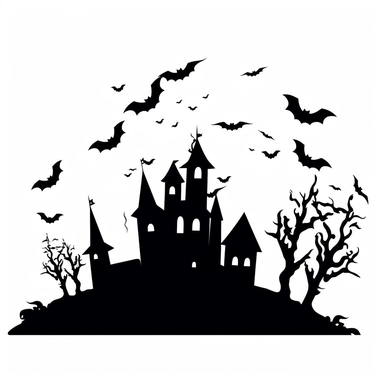 black and white silhouette of a spooky castle with bats flying around it, clipart style, white background, thick lines, vector, simple design, flat colour, solid colour, halloweencore