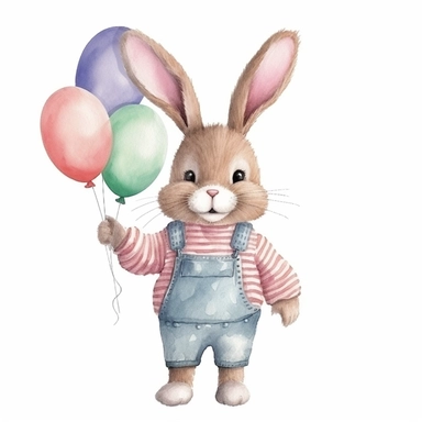 adorable bunny holding balloons, handpaint watercolor, high resolution, cartoon style, watercolor clipart,