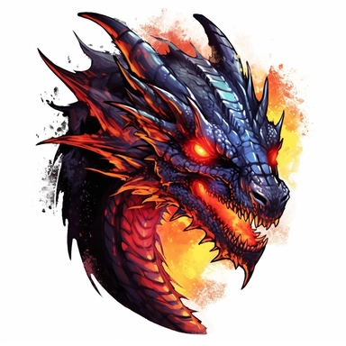Create a stunning clipart of an enormous dragon majestically crowned with brilliant flames. The dragon should be drawn in a realistic style, with careful attention to detail, capturing the intricacies of its scales and its piercing gaze. The flames should be fierce and dramatic, giving the dragon a formidable presence. To add a touch of artistic flair, create the drawing in a gorgeous watercolor style against a plain, high contrasted background, giving the dragon an ethereal and mystical quality