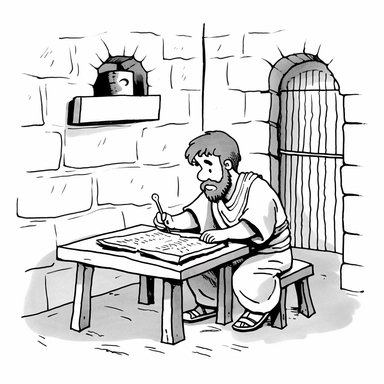 cute black and white clipart of paul from the bible writing a letter in prison, suitable for a childrens book