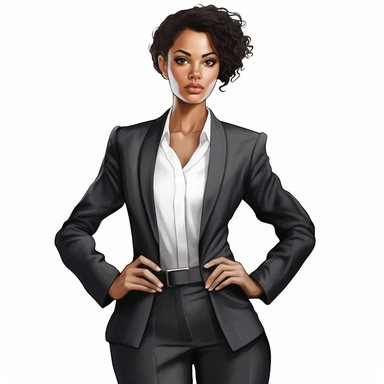 clipart, hand-drawn, ultra realistic, The woman in the tailored suit exudes a palpable sense of confidence and self-assuredness. Her perfectly tailored suit fits her like a second skin, accentuating her curves and making her appear both powerful and feminine. She stands with her arms folded in front of her, exuding an air of quiet authority that immediately commands respect. Her long, wavy hair cascades down her back in loose, tousled waves, framing her face and giving her an alluring, yet profe