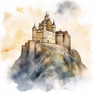 camelot mysterious fantasy faded cloudy image of a castle that is built into a mountain watercolor clipart