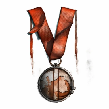 A damaged, rust-covered medal with a tattered ribbon, exuding an air of abandonment and neglect, rendered in a crisp, outline-based clipart aesthetic on a clear backdrop.