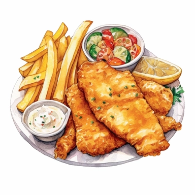 a delightful watercolor, hyper-realistic clipart image with a white background and white margins, showcasing a plate of crispy fish and chips. The ultra-detailed, hand-drawn elements capture the golden batter and tender fish. Use whimsical touches to add a sense of freshness, and bold shades of yellow and brown to evoke the comforting and satisfying nature of this classic fast food dish