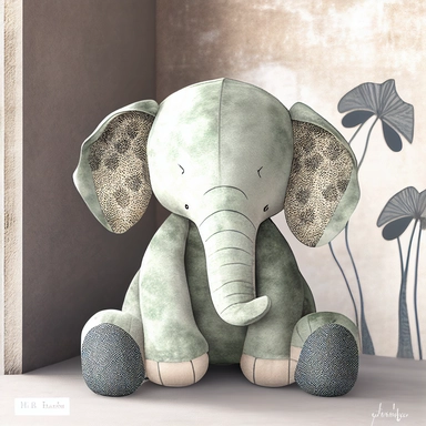 cute animal wall clipart, baby elephant in the style of atmospheric watercolor organic designs, soft and dreamy, dark silver and light green, beige storybook illustration, plush doll art on subtle background