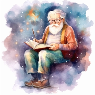 beautiful grandfather reading Fantasy book , clipart watercolor