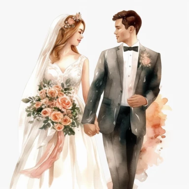realistic just married couple watercolor clipart single design, 8k