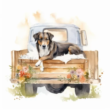 watercolor old farm truck with happy dog in bed, clipart, white background