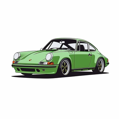 in clipart style, vector image, A meticulously crafted illustration of a green 1973 Porsche 911 Carrera RS , highlighting its iconic design and graceful contours, placed against pure white background (style: evoking the accuracy and refinement of classic automobile blueprints) (lighting:) (colors: an elegant palette for the car's body set against a pristine, white backdrop) (composition: captured from a side view or three-quarter angle using a 35mm lense ensuring enough space is between the car 