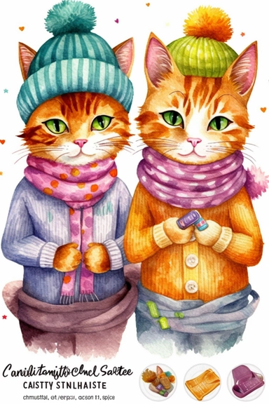 watercolor Clipart, couple Cats in knitted clothes, Cartoon–cute or childlike, Whimsical illustrations, charming, childlike, carefree, dreamy, fun and colorful, cute, watercolor, hand-drawn, digital painting, soft lighting, bird's-eye view, seed1