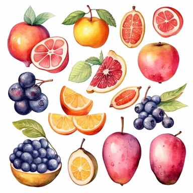 Fruits and berries watercolor hand drawn set isolated on white background. Hand drawn food clipart