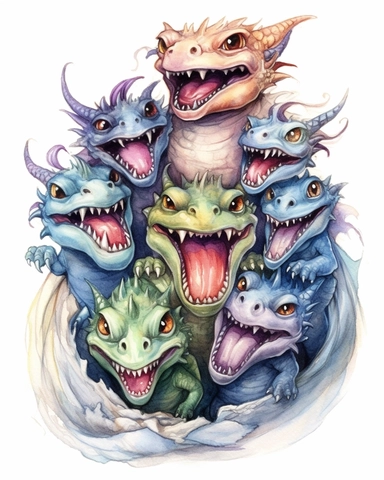 watercolored baby dragon laughing with 5 heads clipart multicolored