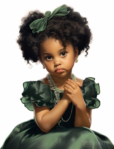 gorgeous african american baby girl with green eyes in vintage victorian dress, clipart, Composition: Relaxed position with intricate high hairstyle, Style: gothic, white background, hyperrealism, 32k