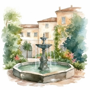 Watercolor luxurious stone garden courtyard, spring garden palace clipart with water fountain and lush green tree