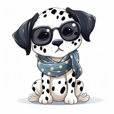 funny kawaii Dalmatian Puppy with Balenciaga sunglasses and cool bandana or necklaces, cute illustration, clipart, white backgound, Cuttable Design,full body