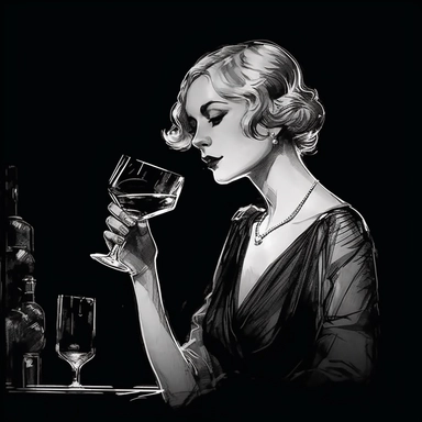 sketch clipart of 20s poster lady enjoying wine, hd, white on black background, spaced out,--ar 3:2