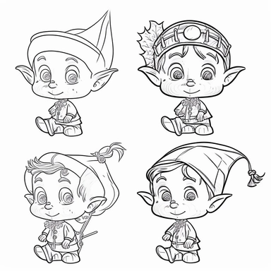 clip art coloring book page for toddler. four different images of an Elf. white background. simple line drawing. very low detail.