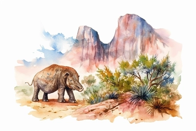 Watercolor, Create an image of a fearsome Diprotodon foraging for food in the ancient Australian landscape clipart, hd, on a white background, spaced out