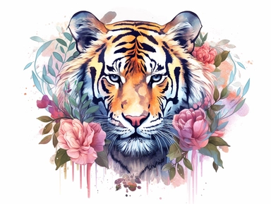 Highly detailed ink color illustration of a tiger, floral elements, pastel colors, cute style, clipart white background in 8k resolution