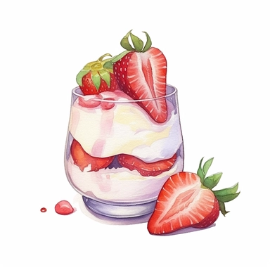 strawberry dessert, pastel colors, light watercolor, few details, dreamy, Studio Ghibli, clipart, white background
