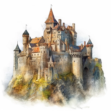 isolated images, illustrations on a white background, realistic medieval castle, Clipart, watercolor, realistic, isolated, full building, highly detailed, hdr, 32K, photo expert quality, watercolor realistic, hyperrealistic and highly detailed, isolated on a white background